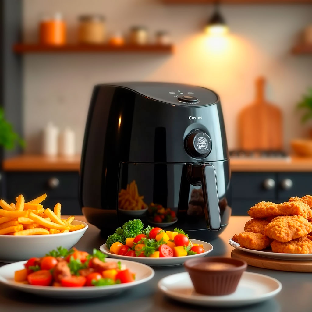 imagem de uma beneficios air fryer  rodeada de pratos de comidas